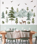 Peel And Stick Mountain Forest Wall Decals Set With Pine Trees Deer And Birds For Kids Room And Nursery Decor On A Large 15.7x47.2 Inch Sheet