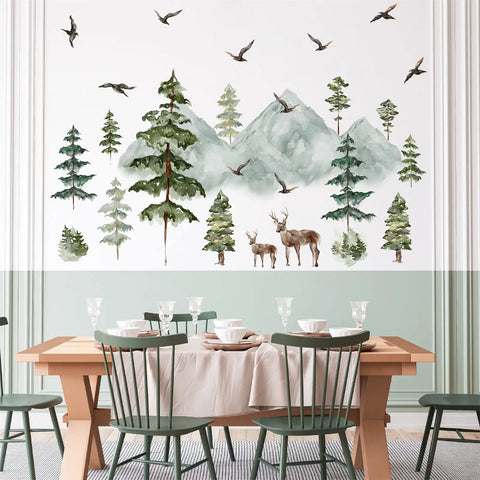 Peel And Stick Mountain Forest Wall Decals Set With Pine Trees Deer And Birds For Kids Room And Nursery Decor On A Large 15.7x47.2 Inch Sheet