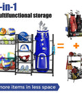 Garage Golf Bag Organizer Stand With Basket And Hooks Dual Mode Storage Rack with sports equipment and golf bags.