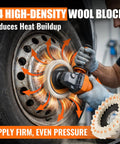 Image of Top Shelf 10 Piece Wool Buffing Wheels And Polishing Compound Set Compatible With 4 Point 5 Inch Angle Grinders in use on a metal wheel.