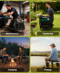Collage of Heavy Duty Garden Kneeler And Seat With Extra Wide 10.2 Inch Kneeling Pad And 1.6 Inch Foam Cushion in various uses: maintenance, gardening, camping, fishing.