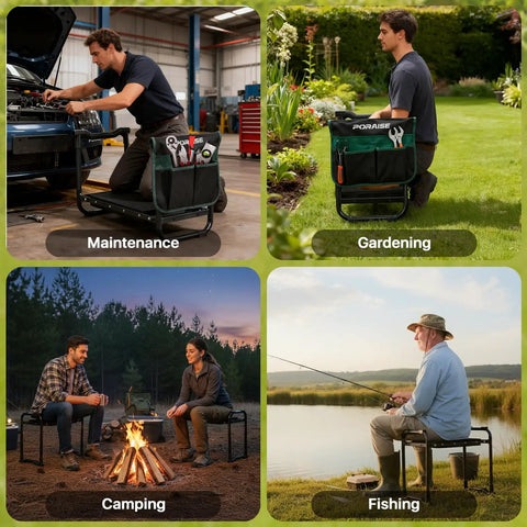 Collage of Heavy Duty Garden Kneeler And Seat With Extra Wide 10.2 Inch Kneeling Pad And 1.6 Inch Foam Cushion in various uses: maintenance, gardening, camping, fishing.