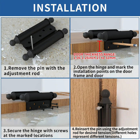 Installation steps for Six Inch Double Action Self Closing Swing Door Hinges Two Way Opening For Cafe Kitchen And Bar Doors Includes Pins And Screws Four Pack Durable Steel Construction For Smooth Quiet Close.