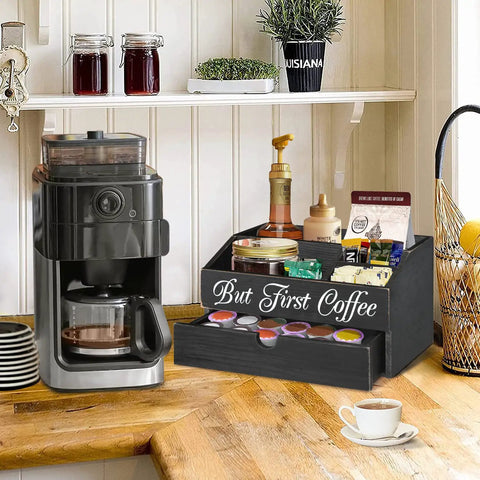 Solid Wood Coffee Station Organizer With Drawer For K Cup Pods And Tea Bags Countertop Bar Accessories Condiment Holder