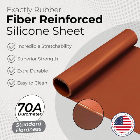 Red One Eighth Inch Thick Heavy Duty Fiber Reinforced Silicone Sheet rolled, showing 70A durometer and Made in USA badge