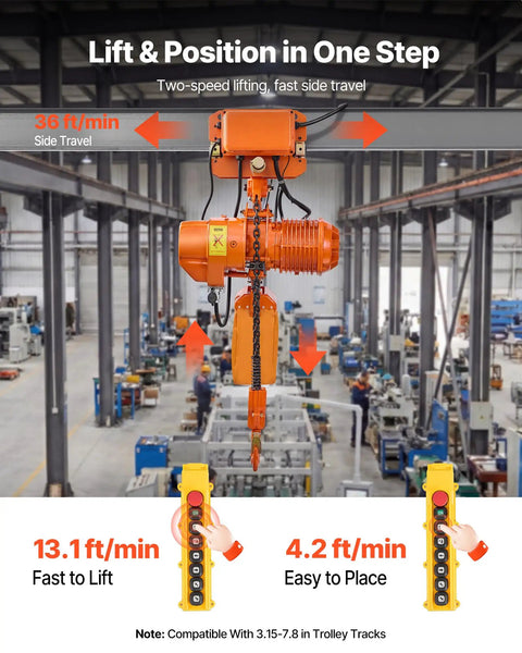 Velvet-Vision VEVOR 4400 Pound Electric Chain Hoist With Power Trolley, showcasing two-speed lifting and remote control operation.