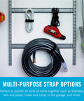 Elastic Straps For Wires And Cords All Purpose Cinch Ties That Are Strong Reusable And Adjustable For Indoor And Outdoor Use Great For Cable Management Camping Gear Garden Tools And DIY Projects Black Large securing hose on garage wall