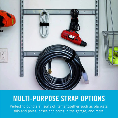 Elastic Straps For Wires And Cords All Purpose Cinch Ties That Are Strong Reusable And Adjustable For Indoor And Outdoor Use Great For Cable Management Camping Gear Garden Tools And DIY Projects Black Large securing hose on garage wall