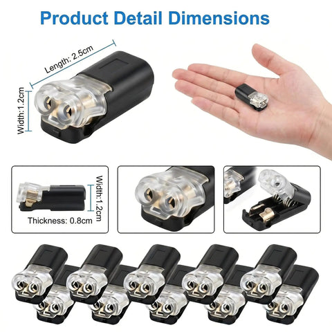 Two Pin Quick Clip Wire Connectors With Locking Buckle For Quick DIY Wiring, 100 Pack dimensions and hand size comparison