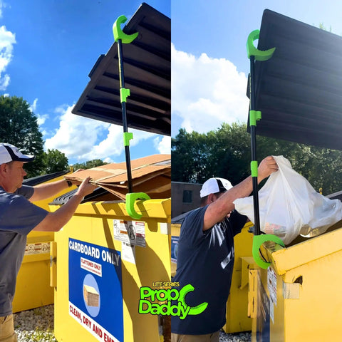Hands Free Dumpster Lid Prop 3 Pack Skip The Stink And Keep Your Trash And Recycling Bins Sanitary With Zero Grip Hassle For Plastic Lids in use holding trash bag.