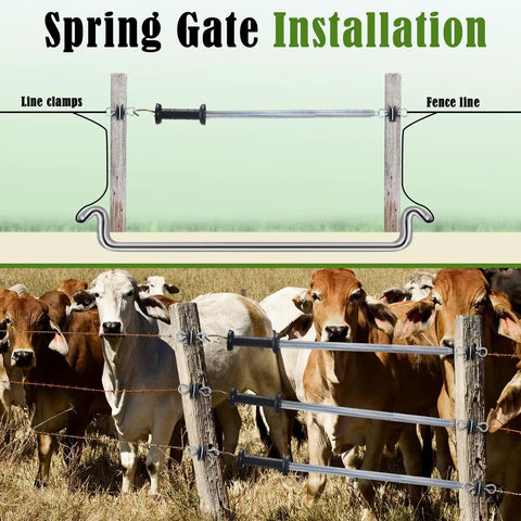 Cattle behind Two Pack Electric Fence Gate Kit With Spring Handles And Screw In Ring Insulators 16Ft setup