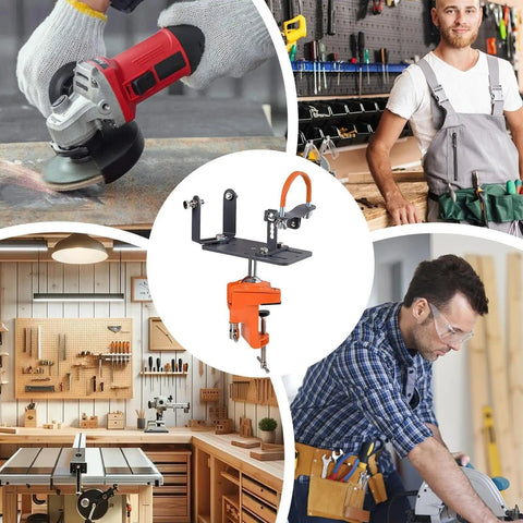 Adjustable Angle Grinder Holder with a Savage Grip Vise Base for Crushing Grinding Jobs and Polishing Tasks Featuring 360 Degree Swivel Action and Benchtop Mount displayed in a workshop.