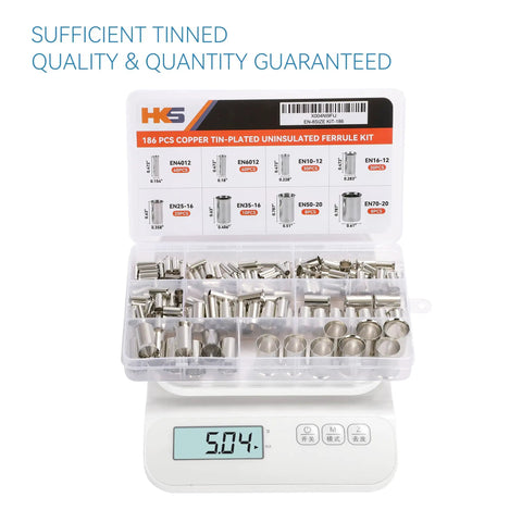 186-Piece Non-Insulated Copper Tin-Plated Ferrule Kit For Bare Wire Ends 4-70 Mm2 Pro Grade in plastic case on digital scale