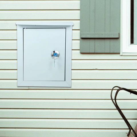 Tough As Nails Outdoor Waterproof Junction Box For Low Voltage Circuits, 250x300x160mm mounted on house wall.