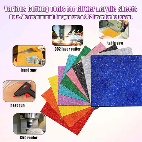 Front view of glitter acrylic sheets, 8x8 in, 1/8 in (3 mm) thick, 10 pcs in assorted colors