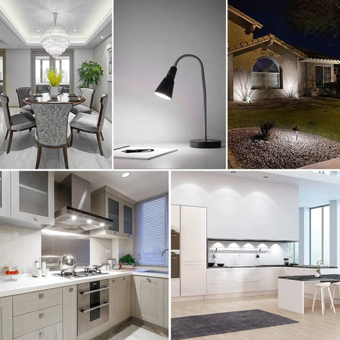 Interior scenes featuring G4 LED Bulb 3W JC Bi-Pin, 12V ACDC Daylight White 6000K lighting in various home settings, 6 pack view.