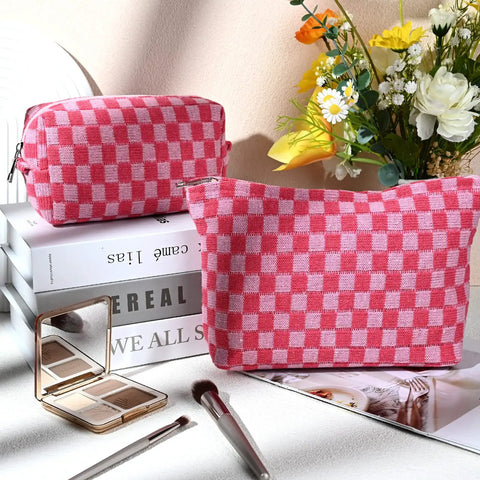 Large Checkered Makeup Bag Canvas Cosmetic Organizer For Travel And Daily Use Rose Red Design with makeup brushes and eyeshadow nearby