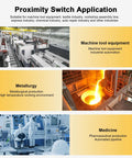 Proximity Switch Application for machine tool equipment, metallurgy, and medicine industries. Industrial automation scenes depicted.