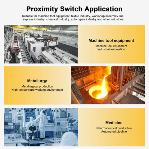 Proximity Switch Application for machine tool equipment, metallurgy, and medicine industries. Industrial automation scenes depicted.