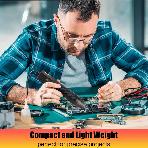 Man using Mini Heat Gun With Dual Temp 350W High Power Go To Hot Air Tool For Shrink Tubing And Embossing Crafts on circuit board