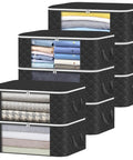 Set Of 8 Foldable Closet Storage Bags With Zippers And Clear Window, 36L Each For Comforters, shown stacked with clothes visible.