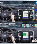 Dodge Ram interior with 9.7 Inch Car Radio Upgrade Dash Kit For Dodge Ram 2013-2018, Android 13, 8 Core, 4GB RAM 64GB Storage installed.