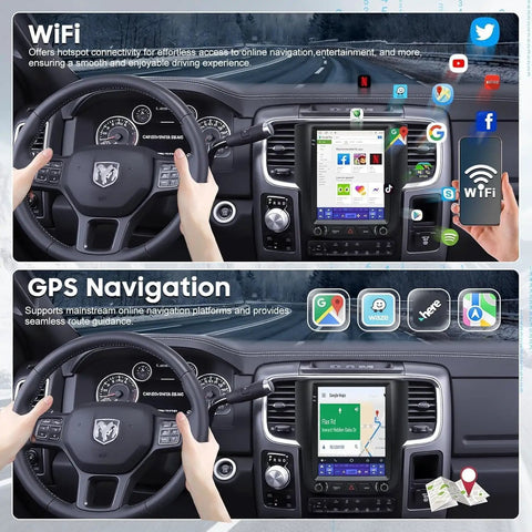 Dodge Ram interior with 9.7 Inch Car Radio Upgrade Dash Kit For Dodge Ram 2013-2018, Android 13, 8 Core, 4GB RAM 64GB Storage installed.