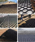 Collage of 10.2cm thick expandable permeable gravel grid with drainage holes for erosion control 1m by 10m installation views.