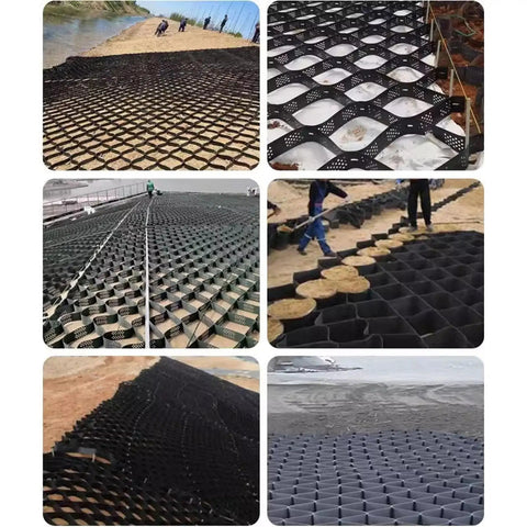 Collage of 10.2cm thick expandable permeable gravel grid with drainage holes for erosion control 1m by 10m installation views.