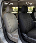Comparison of car seats before and after installing Premium 3D Air Mesh Front Seat Covers Set for Cars, Trucks, and SUVs, airbag compatible.