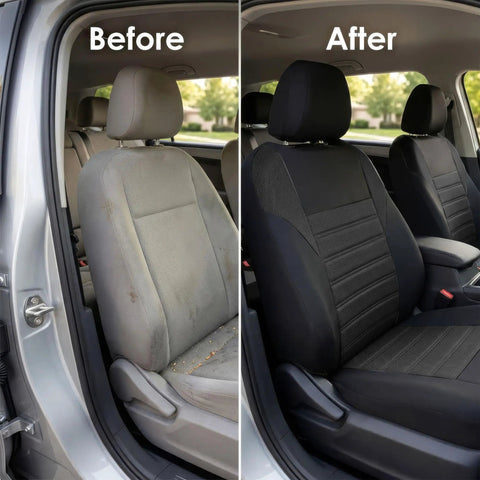 Comparison of car seats before and after installing Premium 3D Air Mesh Front Seat Covers Set for Cars, Trucks, and SUVs, airbag compatible.