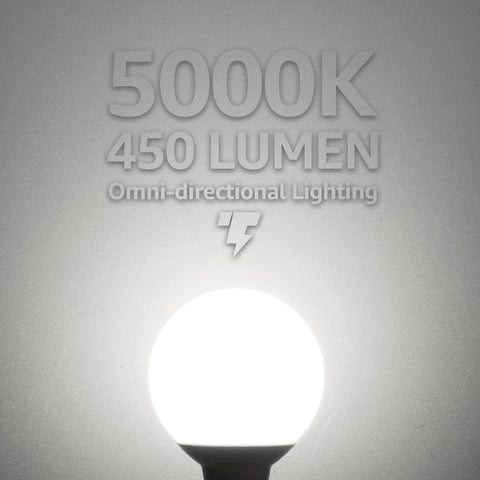 G25 LED Globe Light Bulbs 5W 40W Equivalent Dimmable 450 Lumens 5000K Daylight E26 Base UL Listed Pack of 6 for Bathroom Vanity Mirror Home Decor Energy Saving lit up against gray background
