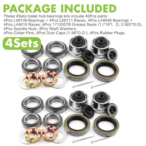 Jeemiter trailer bearing kit, four sets, includes bearings, seals, 1.98 in dust covers, spindle nuts and cotter pins.