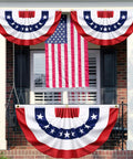 Six Pack 3x6 Ft Pleated American Flag Bunting For Outdoor Decor on porch with U.S. flag, patriotic decoration for events.