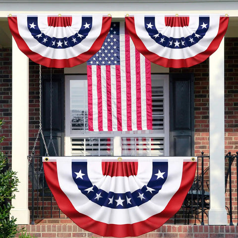 Six Pack 3x6 Ft Pleated American Flag Bunting For Outdoor Decor on porch with U.S. flag, patriotic decoration for events.