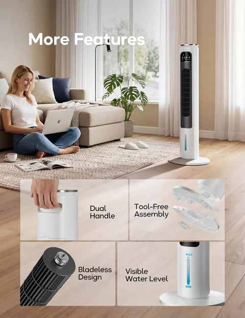 Portable AC Unit With Remote 37 Inch Ventless Evaporative Cooler Quiet Swamp Cooler with features in living room