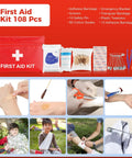First Aid Kit 108 Pcs with bandages, scissors, cotton swabs, and emergency blanket displayed with images of wound care.