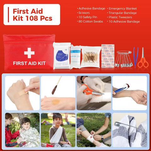 First Aid Kit 108 Pcs with bandages, scissors, cotton swabs, and emergency blanket displayed with images of wound care.