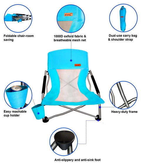 Low Profile Beach Chair 2 Pack For Adults Folding And Portable With Cup Holder And Carry Bag Perfect For Beach Boat River Sand Concerts Camping And Kids For Everyday Outdoor Fun And No Fuss Setup showing chair details and features.
