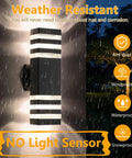 Two Pack LED Square Up And Down Outdoor Wall Lights With Durable Aluminum Body Easy Install IP65 Weatherproof GU10 Compatible 14W 1200 Lumen Warm White 3000K Modern Sconce For Porch And Garage, shown in rainy conditions with no light sensor features.