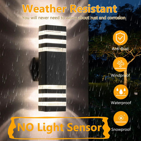 Two Pack LED Square Up And Down Outdoor Wall Lights With Durable Aluminum Body Easy Install IP65 Weatherproof GU10 Compatible 14W 1200 Lumen Warm White 3000K Modern Sconce For Porch And Garage, shown in rainy conditions with no light sensor features.
