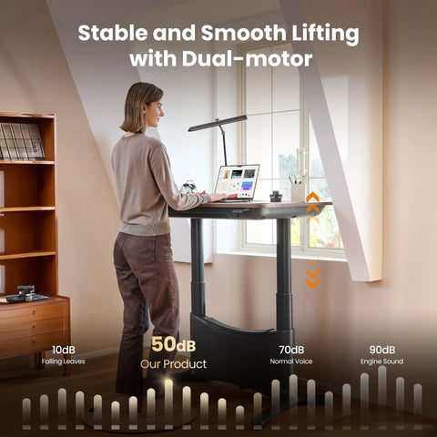 Colamy 55x28 Inch Electric Standing Desk Dual Motor Sit Stand Workstation with a user, showcasing smooth height adjustment.