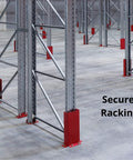 Metal racking system with red supports in a warehouse setting labeled 'Secure Racking' showcasing the structure's durability.