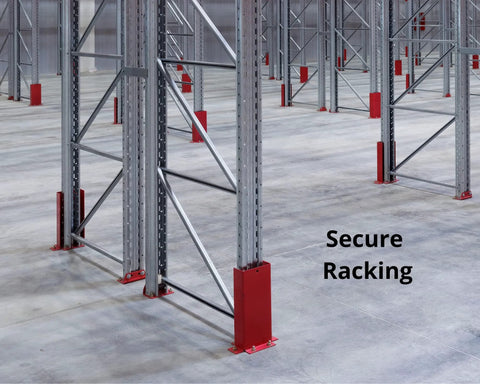 Metal racking system with red supports in a warehouse setting labeled 'Secure Racking' showcasing the structure's durability.