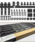 7.5 Foot Sliding Barn Door Hardware Kit For Double Doors 22.5 Inch Wide Panels, black powder coat finish, screws, and tracks