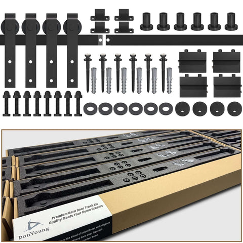 7.5 Foot Sliding Barn Door Hardware Kit For Double Doors 22.5 Inch Wide Panels, black powder coat finish, screws, and tracks