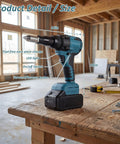 Badass Heavy Duty Cordless Pop Rivet Gun Workhorse With Smooth Pulling Action And Bright Led Light, Plays Nice With Makita 18V Batteries, showing dimensions and features like LED light on a workbench.
