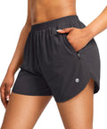 Womens Quick-Dry Running Shorts With Zipper Pockets And Built-In Liner, Run Ready, Lightweight Breathable Athletic Gym Short, 3 Inch Inseam, Dark Gray, Size Medium, Sweat-Wicking, Phone Safe For Runs shown on model.