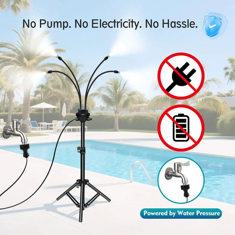 Adjustable Standing Outdoor Misting System For Patio Cooling 2.6 To 3.6 Ft, near pool, durable black stand, no electricity