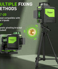 Cross Line Laser Level With 2x360 Green Beams on tripod, showcasing magnetic pivoting base and various fixing methods